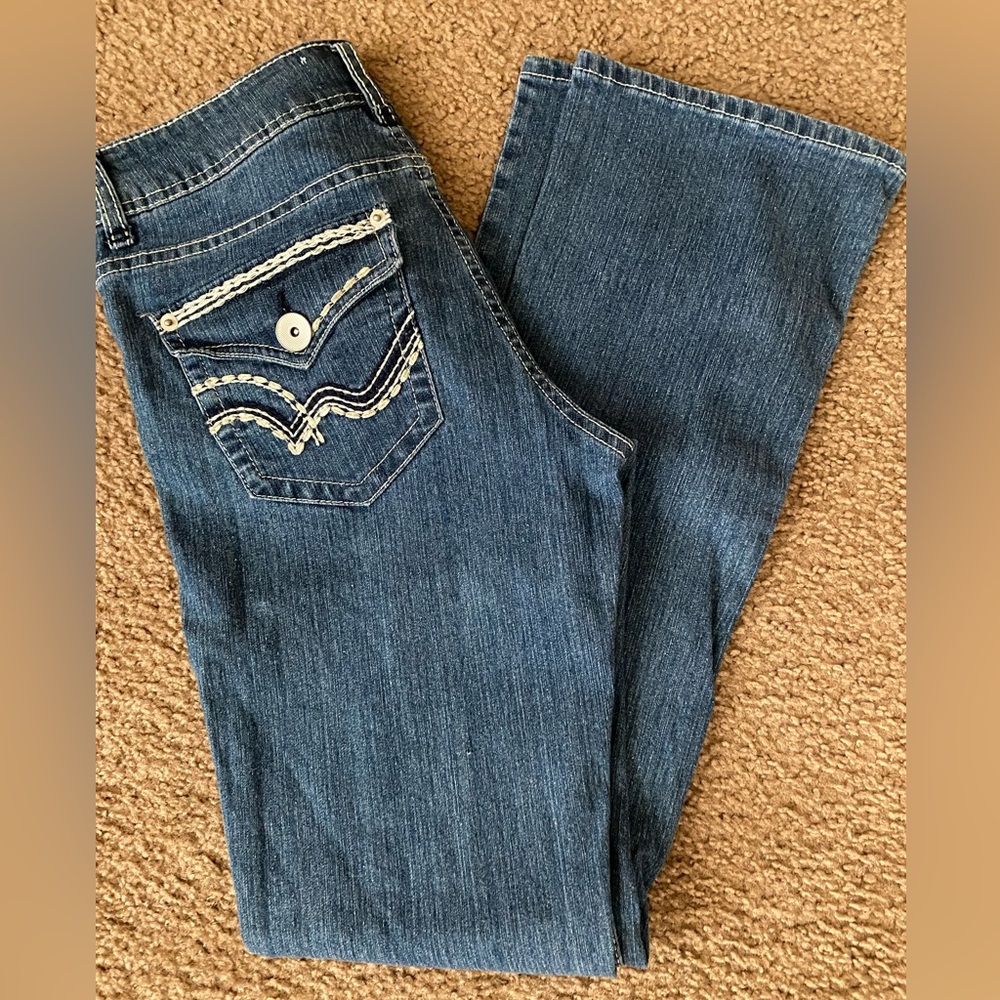 Gasoline Brand boot cut blue jeans, stretch material, Sz. 7. Like New.